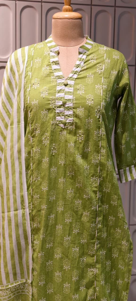 Elegant Handloom Cotton Striped Bottom & Dupatta With Floral Printed Full Suit-14504 RB294