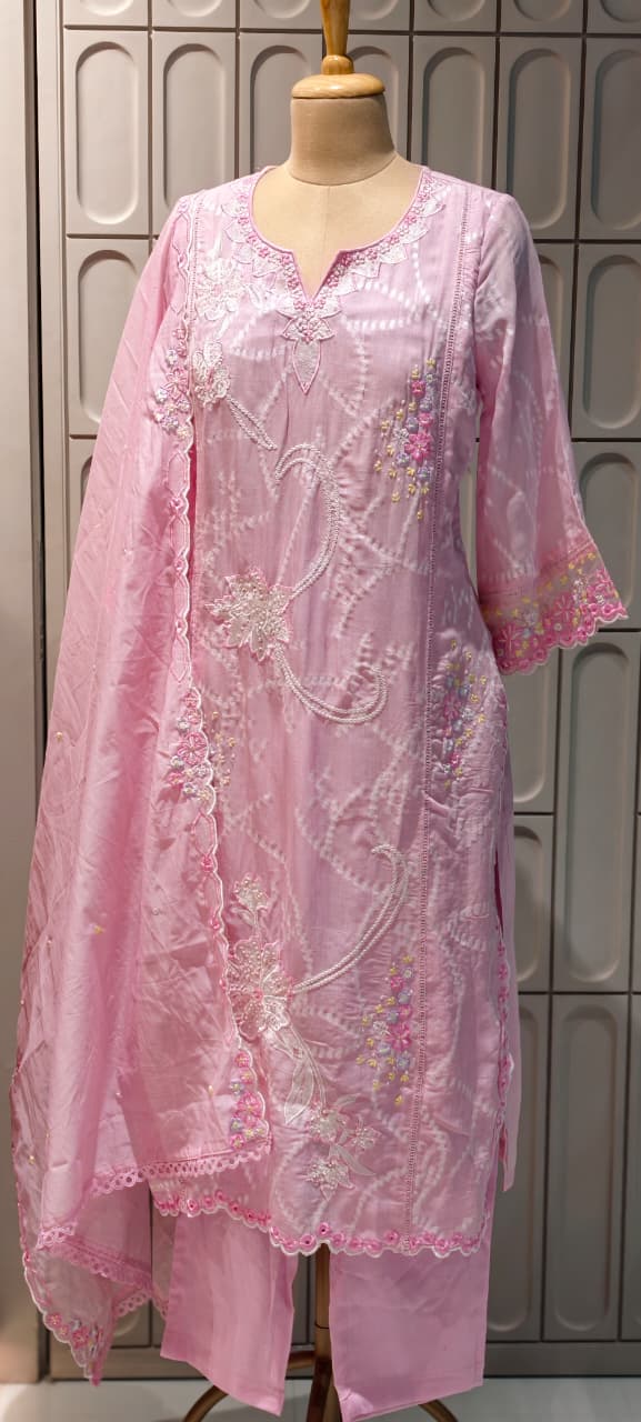 Floral Thread Embroidery With Sequin Detailimg Upwork Surat Mul Chanderi Full Suit Set With Dupatta- 14499 RB297