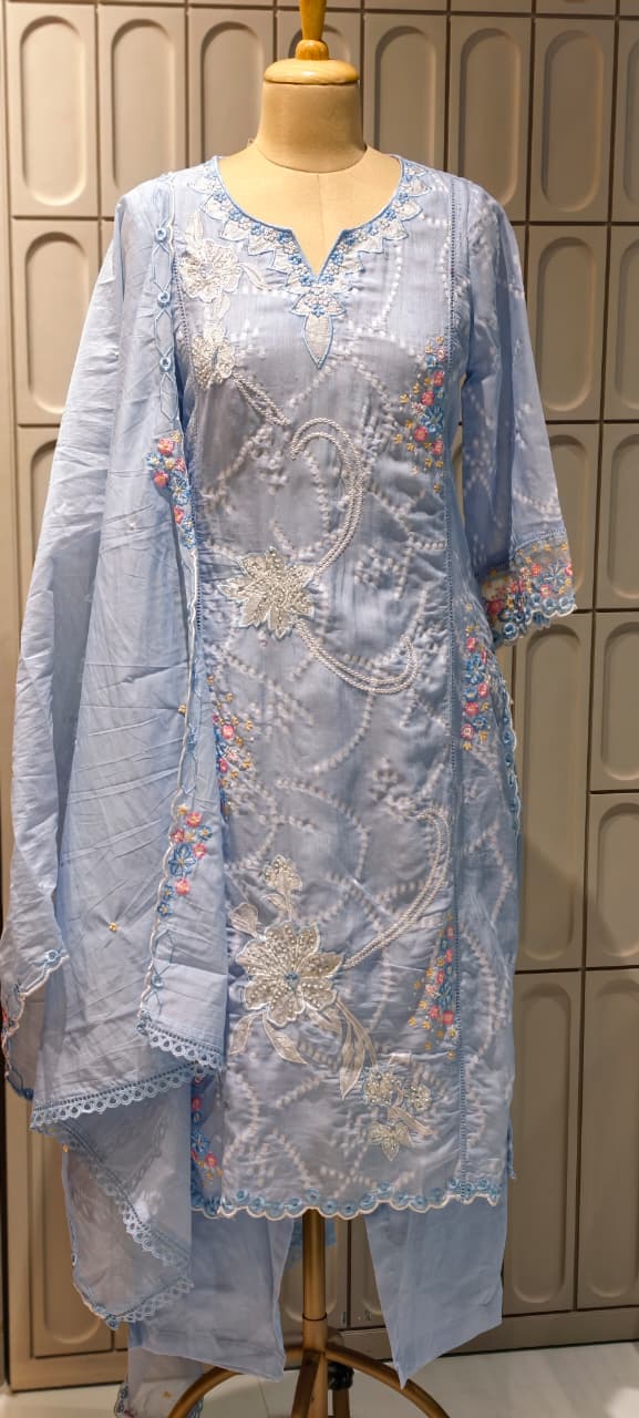 Floral Thread Embroidery With Sequin Detailimg Upwork Surat Mul Chanderi Full Suit Set With Dupatta- 14499 RB297