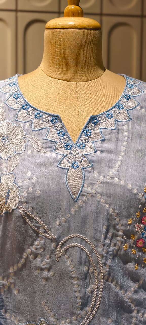 Floral Thread Embroidery With Sequin Detailimg Upwork Surat Mul Chanderi Full Suit Set With Dupatta- 14499 RB297