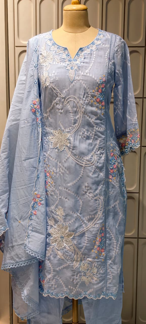 Floral Thread Embroidery With Sequin Detailimg Upwork Surat Mul Chanderi Full Suit Set With Dupatta- 14499 RB297