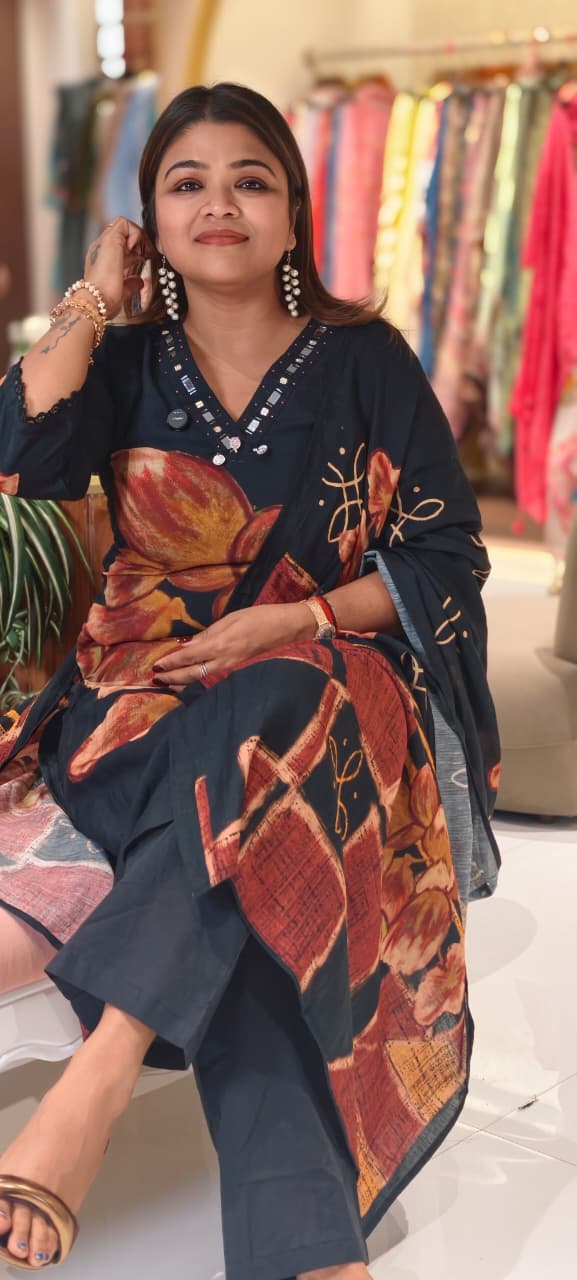 Giant Petal Print Real Mirror Neck Line Coin Tassel Accent Linen Full Suit Set With Dupatta- 14443 RB292