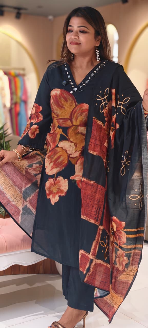 Giant Petal Print Real Mirror Neck Line Coin Tassel Accent Linen Full Suit Set With Dupatta- 14443 RB292