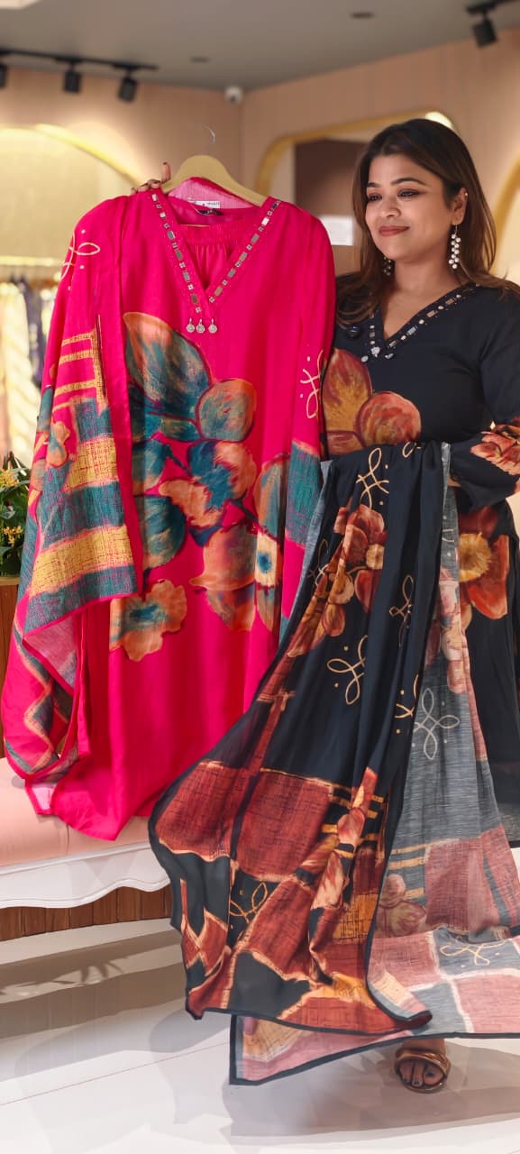 Giant Petal Print Real Mirror Neck Line Coin Tassel Accent Linen Full Suit Set With Dupatta- 14443 RB292