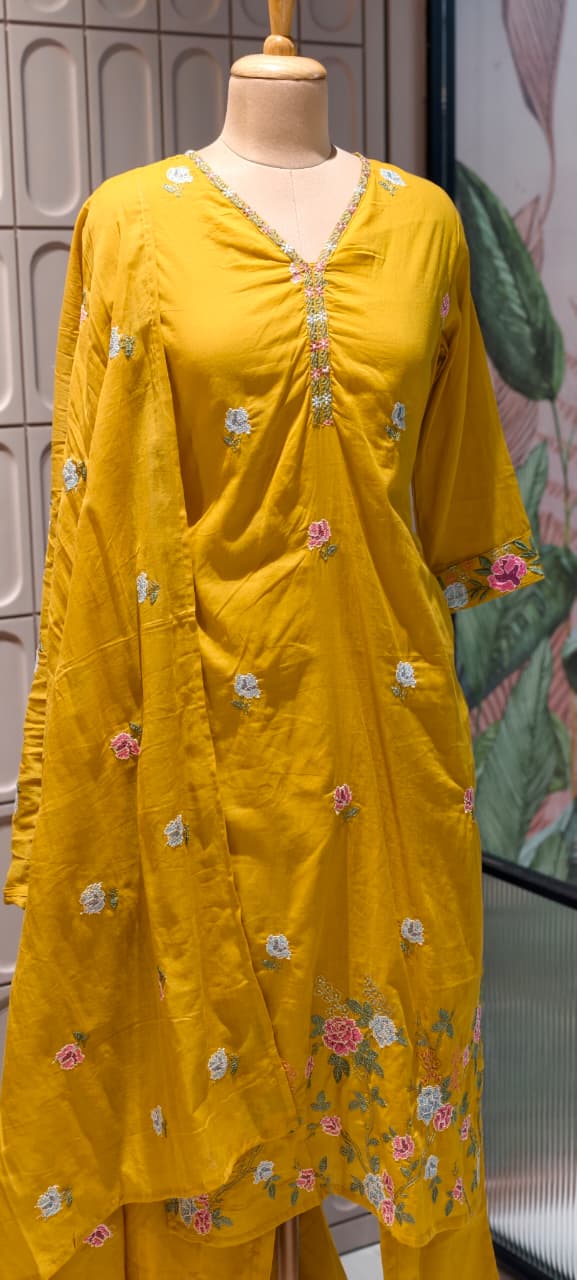 Placement Floral Fine Intricate Embroidery Solid Cotton Full Suit Set With Dupatta- 14470 RB293
