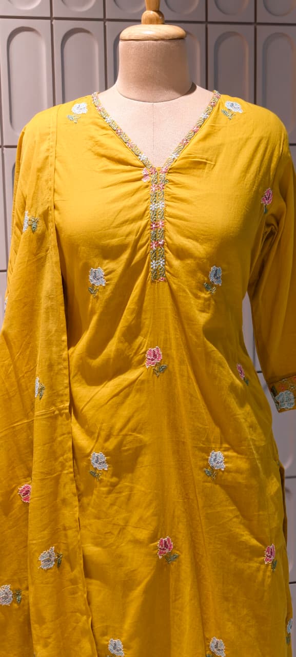 Placement Floral Fine Intricate Embroidery Solid Cotton Full Suit Set With Dupatta- 14470 RB293