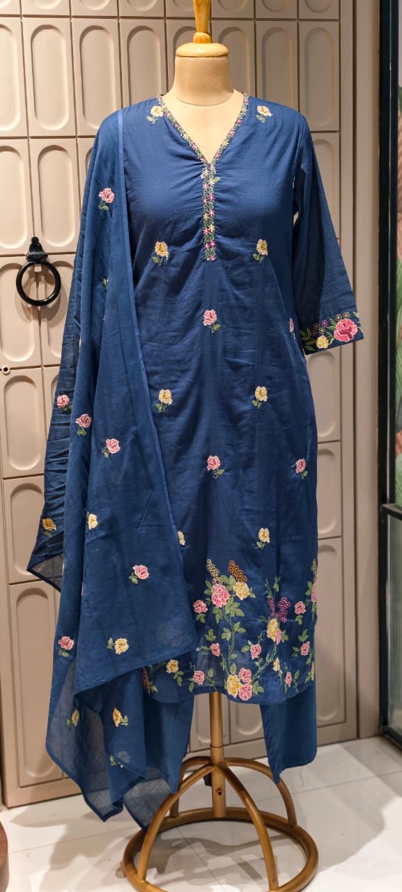 Placement Floral Fine Intricate Embroidery Solid Cotton Full Suit Set With Dupatta- 14470 RB293