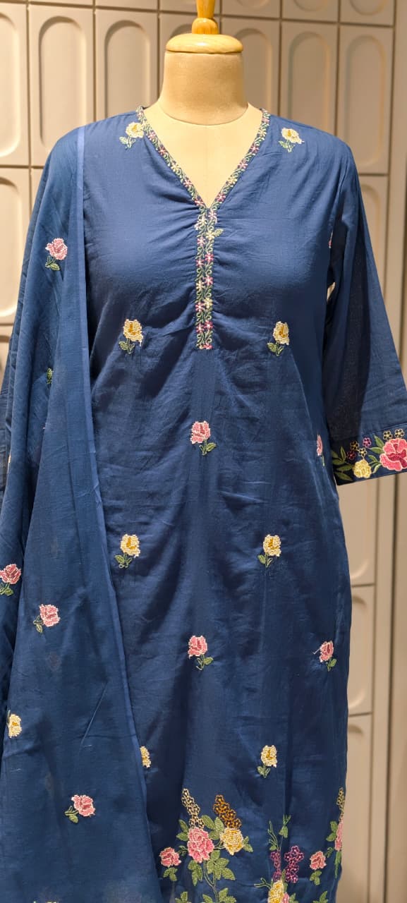 Placement Floral Fine Intricate Embroidery Solid Cotton Full Suit Set With Dupatta- 14470 RB293