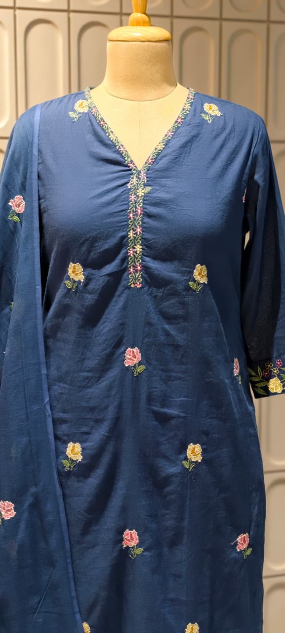 Placement Floral Fine Intricate Embroidery Solid Cotton Full Suit Set With Dupatta- 14470 RB293
