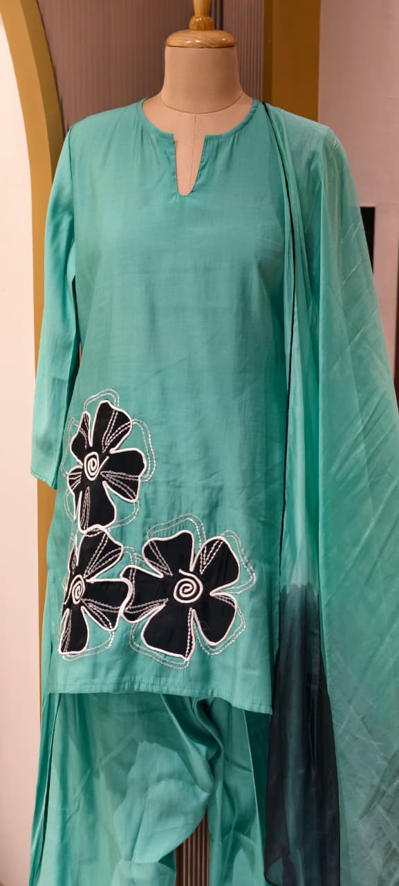 Floral Phased Patch Look Embroidered Work Full Suit Set With Farsi Bottom & Dupatta- 14467