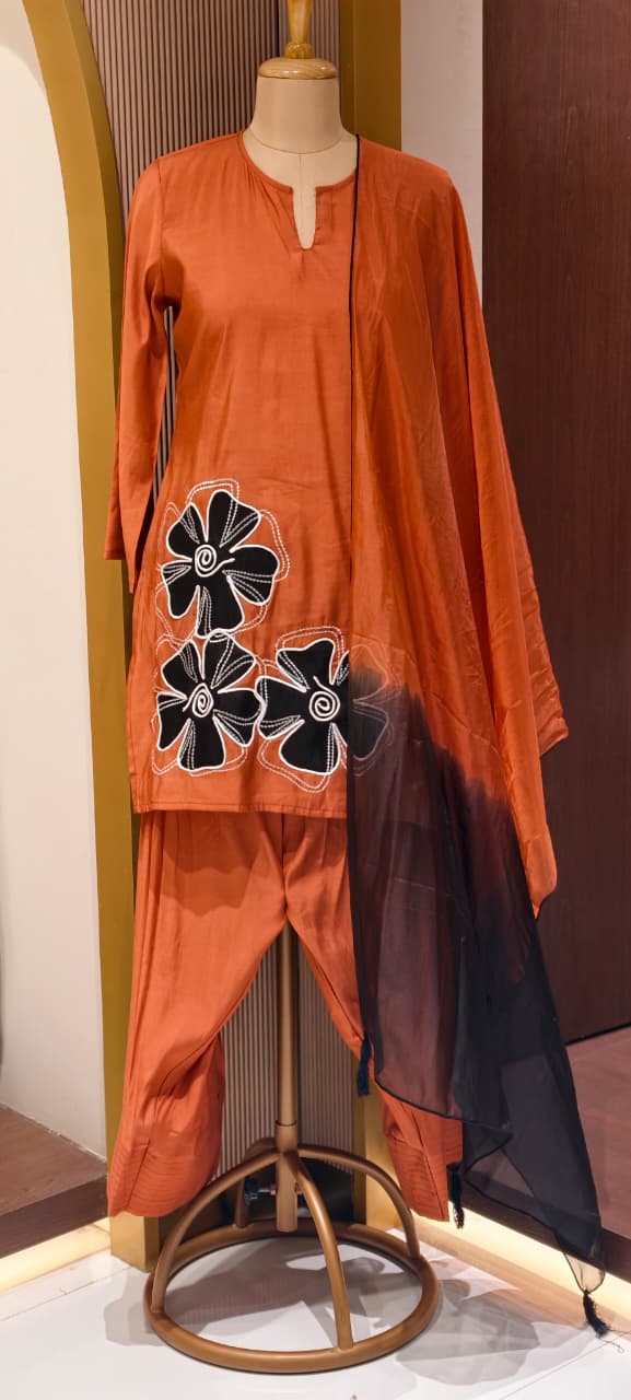 Floral Phased Patch Look Embroidered Work Full Suit Set With Farsi Bottom & Dupatta- 14467