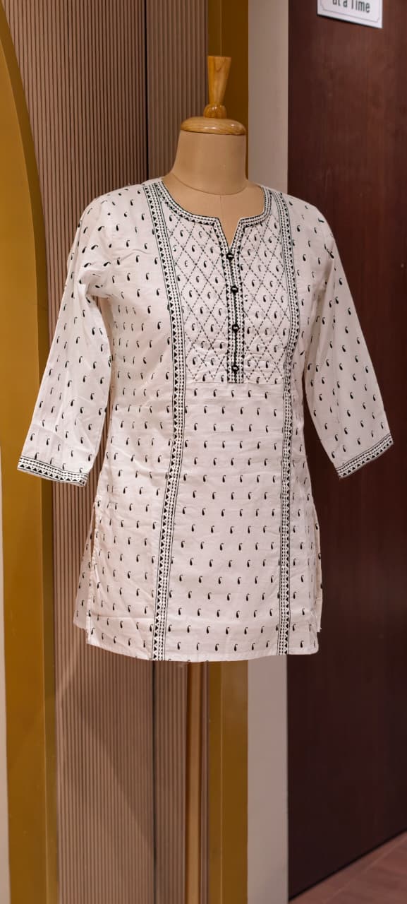 Black & White Inspired Tiny Mango Buti Printed Cotton Short Kurti Only- 14512 RB301