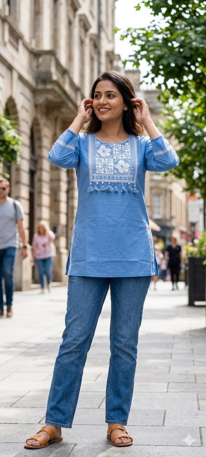 Solid Shade Tassel Accent Embroidered Yoke Cotton Short Kurti Only- 14510 RB302