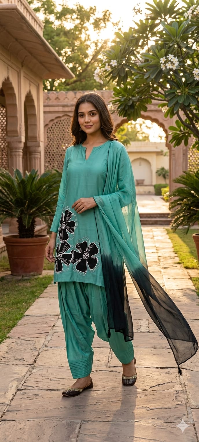 Floral Phased Patch Look Embroidered Work Full Suit Set With Farsi Bottom & Dupatta- 14467