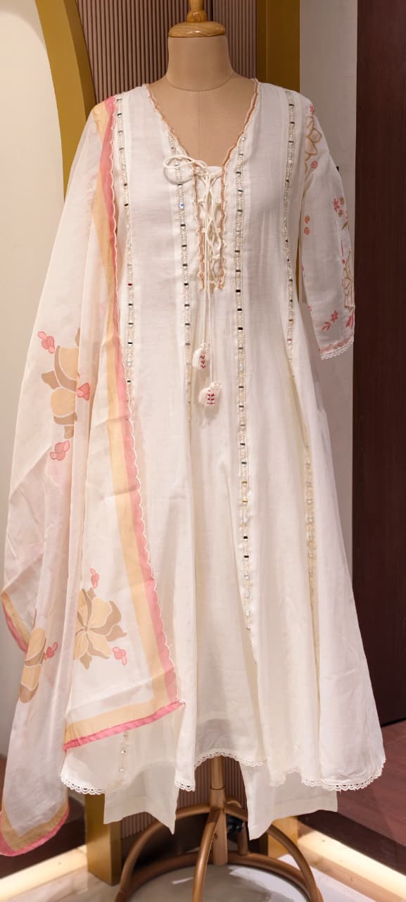 Nord Accent Real Mirror With Thread Upwork Surat Mul Chanderi Panel A-Line Full Suit Set With Dupatta- 14498 RB323
