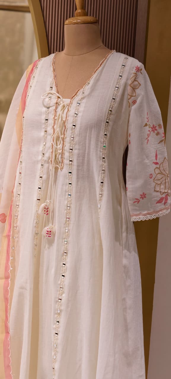 Nord Accent Real Mirror With Thread Upwork Surat Mul Chanderi Panel A-Line Full Suit Set With Dupatta- 14498 RB323