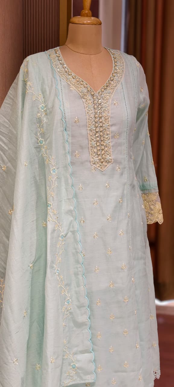 Sequin Floral Touch Neck Line Embroidered Detailing Surat Mul-Chanderi A-Line Full Suit Set With Dupatta- 14497 RB322
