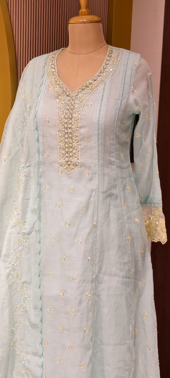 Sequin Floral Touch Neck Line Embroidered Detailing Surat Mul-Chanderi A-Line Full Suit Set With Dupatta- 14497 RB322