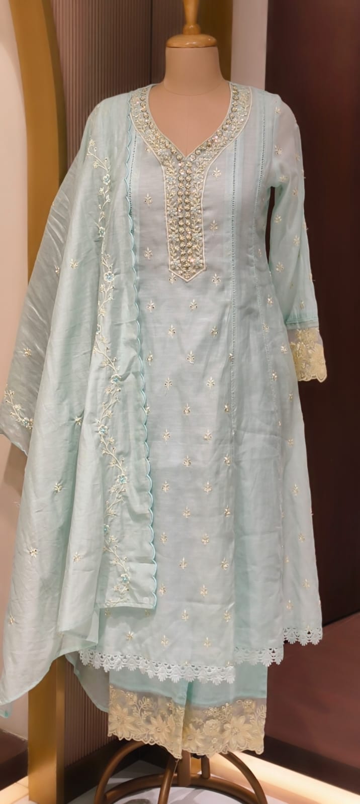 Sequin Floral Touch Neck Line Embroidered Detailing Surat Mul-Chanderi A-Line Full Suit Set With Dupatta- 14497 RB322