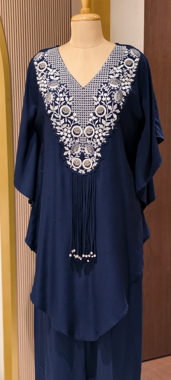 Chic Dark Shaded Embroidered Kaftan Tunic with Beaded Tassels & Bottom- 14518 RB316