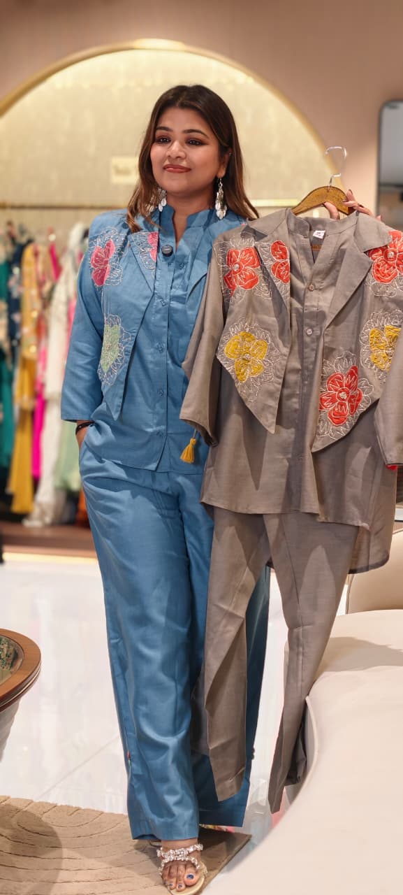 Chic Three-Piece Co-Ord Set with Intricate Floral Embroidery Detechable Jacket- 14521 RB315