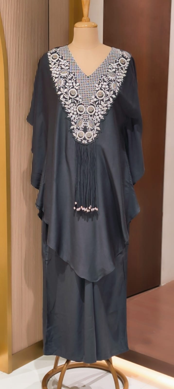 Chic Dark Shaded Embroidered Kaftan Tunic with Beaded Tassels & Bottom- 14518 RB316
