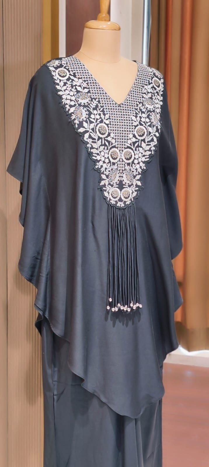 Chic Dark Shaded Embroidered Kaftan Tunic with Beaded Tassels & Bottom- 14518 RB316