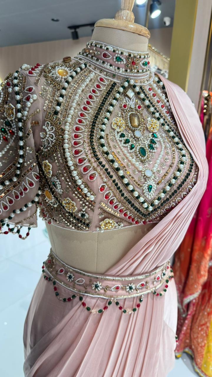 Elegant Pre-Draped Partywear Luxury Hand-Embroidered Designer Saree with Heavy Stone & Zardosi Work Blouse- 14525 RB349