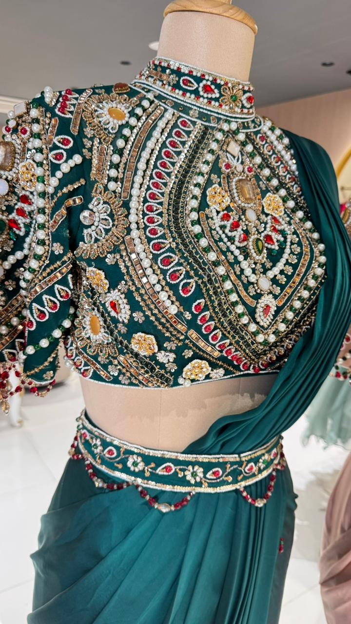 Elegant Pre-Draped Partywear Luxury Hand-Embroidered Designer Saree with Heavy Stone & Zardosi Work Blouse- 14525 RB349