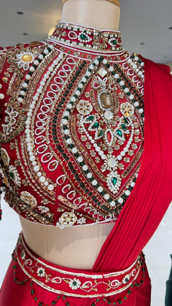 Elegant Pre-Draped Partywear Luxury Hand-Embroidered Designer Saree with Heavy Stone & Zardosi Work Blouse- 14525 RB349