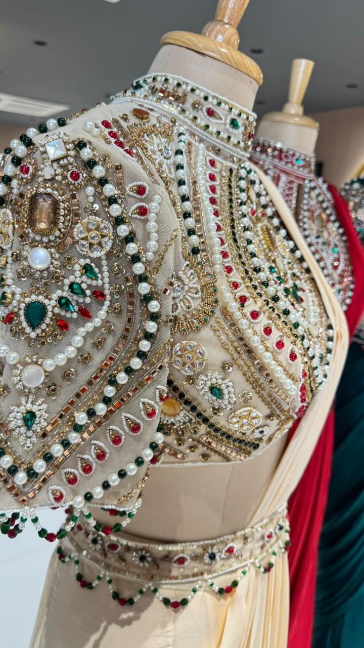 Elegant Pre-Draped Partywear Luxury Hand-Embroidered Designer Saree with Heavy Stone & Zardosi Work Blouse- 14525 RB349