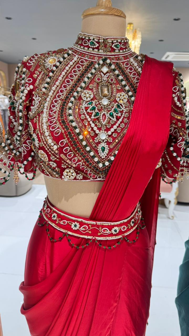 Elegant Pre-Draped Partywear Luxury Hand-Embroidered Designer Saree with Heavy Stone & Zardosi Work Blouse- 14525 RB349