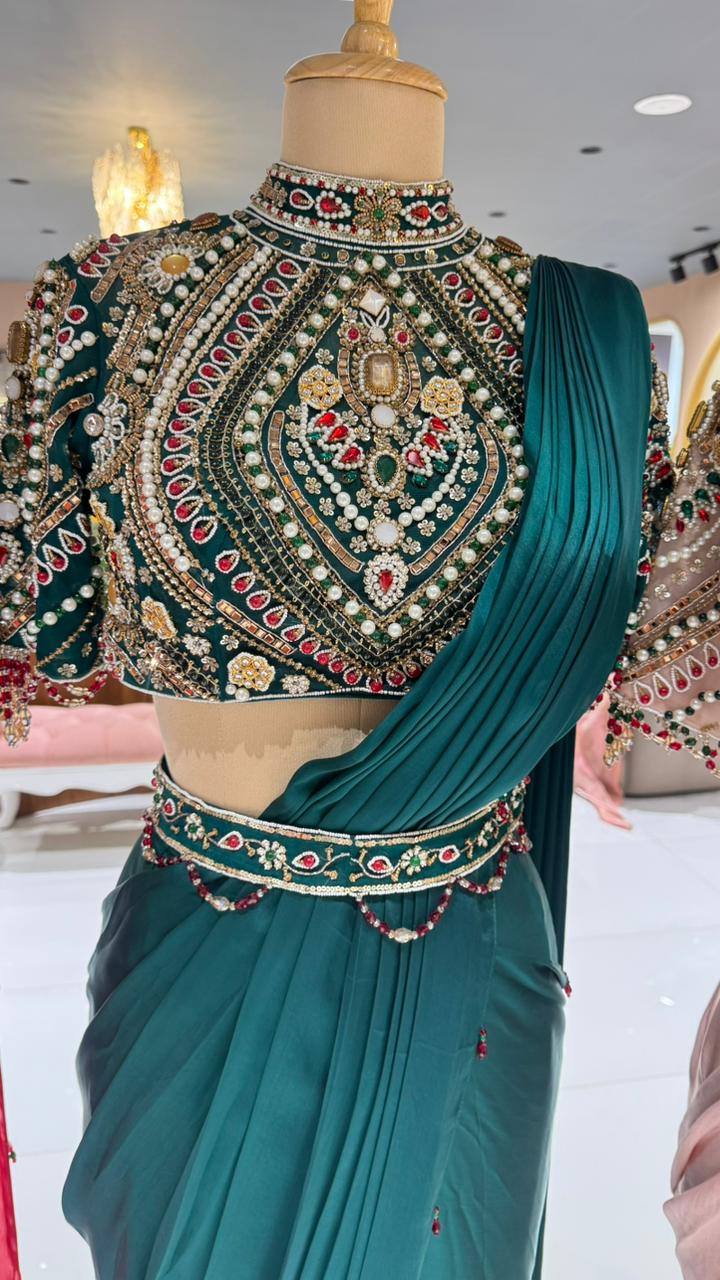 Elegant Pre-Draped Partywear Luxury Hand-Embroidered Designer Saree with Heavy Stone & Zardosi Work Blouse- 14525 RB349