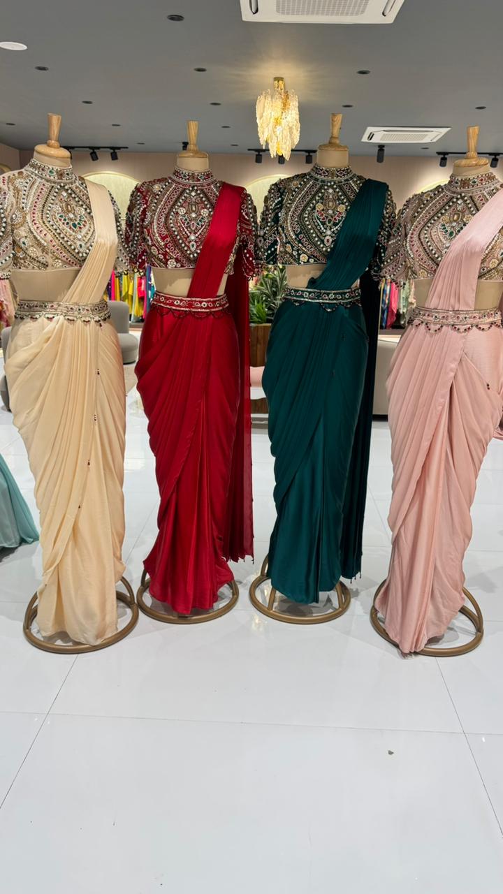 Elegant Pre-Draped Partywear Luxury Hand-Embroidered Designer Saree with Heavy Stone & Zardosi Work Blouse- 14525 RB349