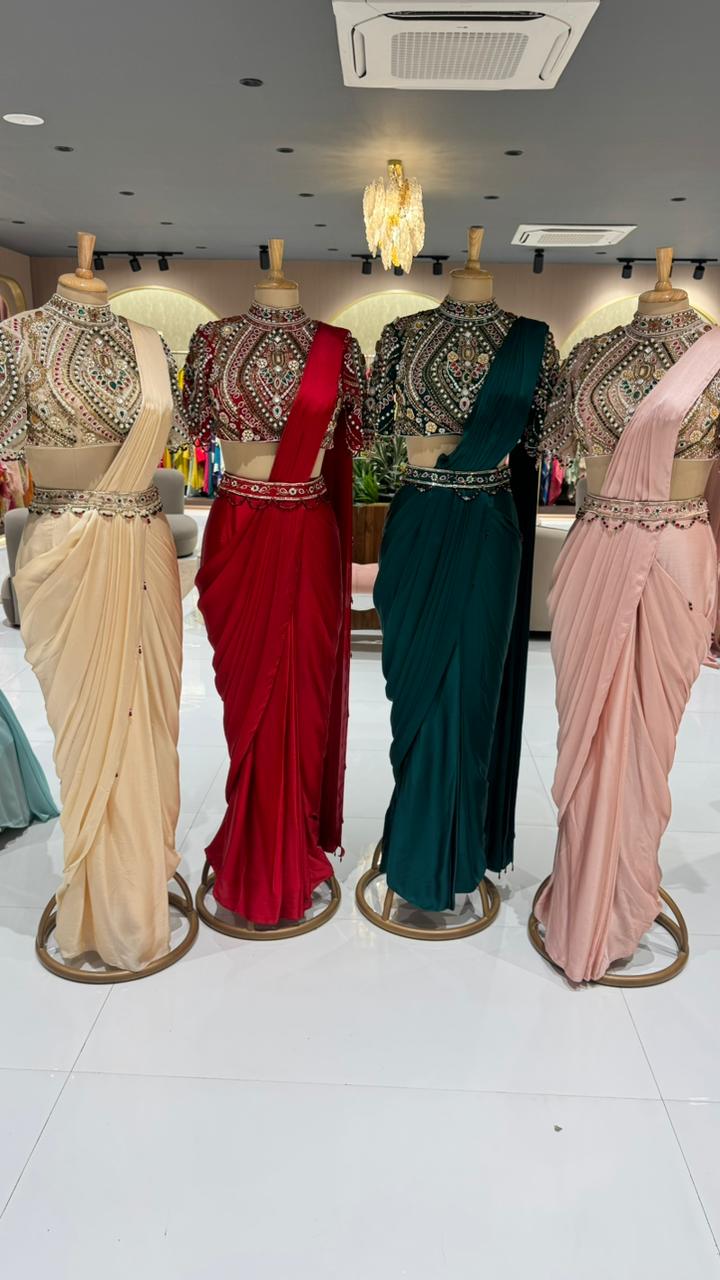 Elegant Pre-Draped Partywear Luxury Hand-Embroidered Designer Saree with Heavy Stone & Zardosi Work Blouse- 14525 RB349