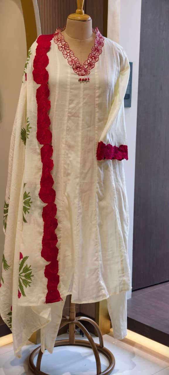 Premium Floral Embroidered Mul-Cotton Panel Anarkali Full Suit Set with Statement Lace Detailing & One Sided Applique Dupatta- 14553 RB336