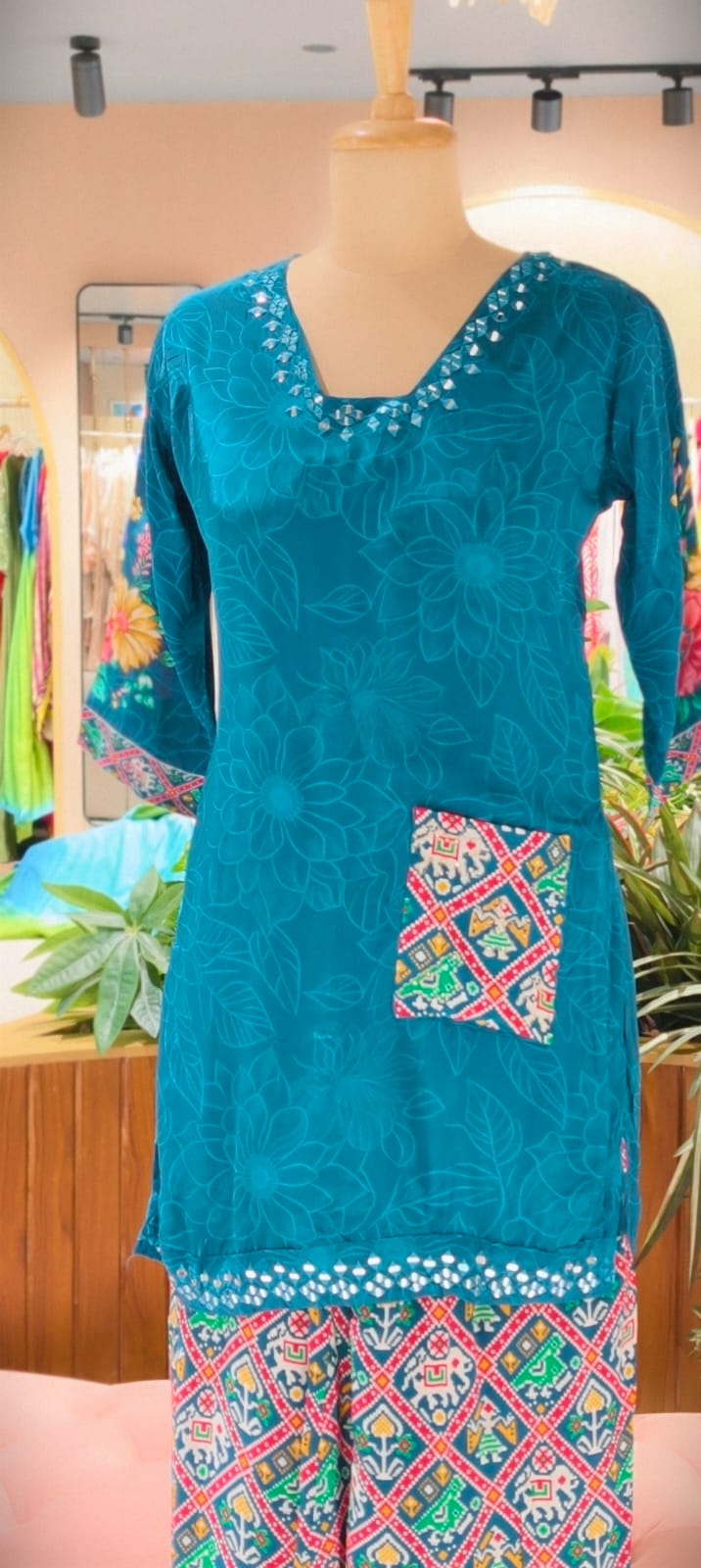 Rajasthani-Inspired Patchwork High-Contrast Printed Crepe Co-Ord Set (SLIGHTLY LEAN FIT)- 14542,44 RB342