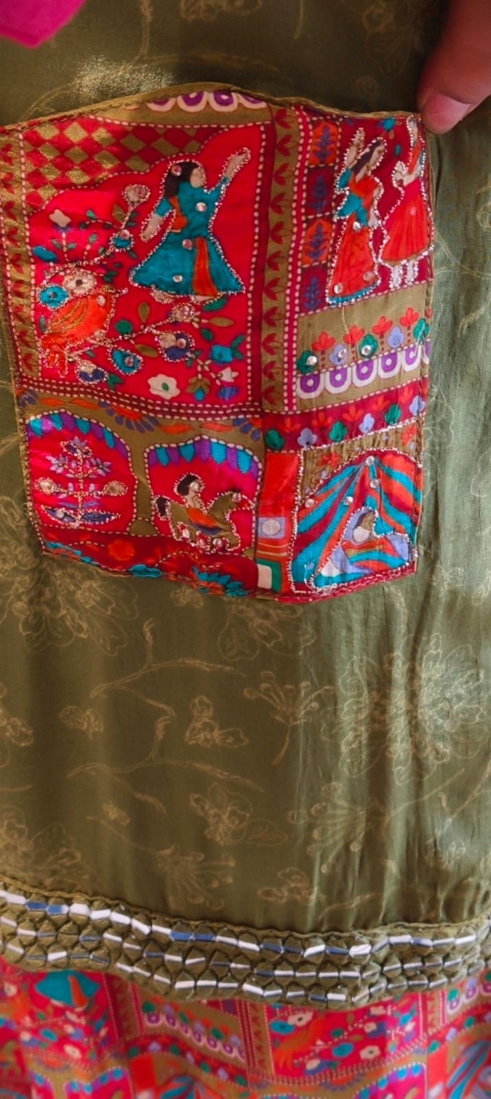 Olive Green Crepe Kurta with Mirror Work Neckline and Rajasthani Patchwork Detail Bottom (SLIGHTLY LEAN FIT)- 14548 RB340