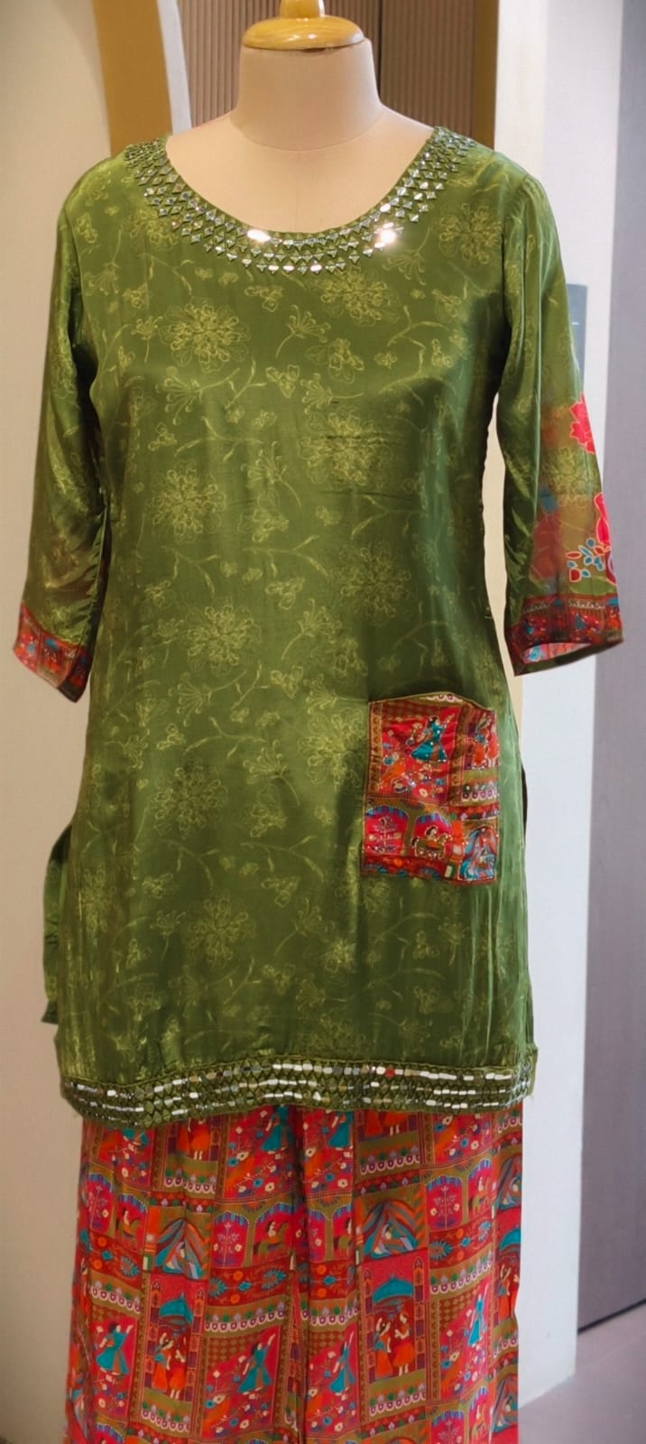 Olive Green Crepe Kurta with Mirror Work Neckline and Rajasthani Patchwork Detail Bottom (SLIGHTLY LEAN FIT)- 14548 RB340