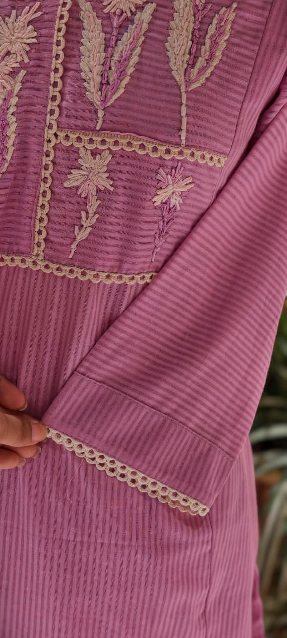 Thread Embroidered Floral Striped Co-Ord Set with Lace Paneling- 14552 RB343