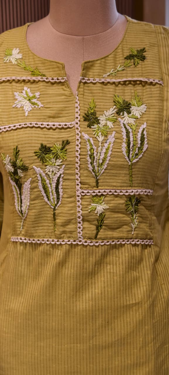 Thread Embroidered Floral Striped Co-Ord Set with Lace Paneling- 14552 RB343
