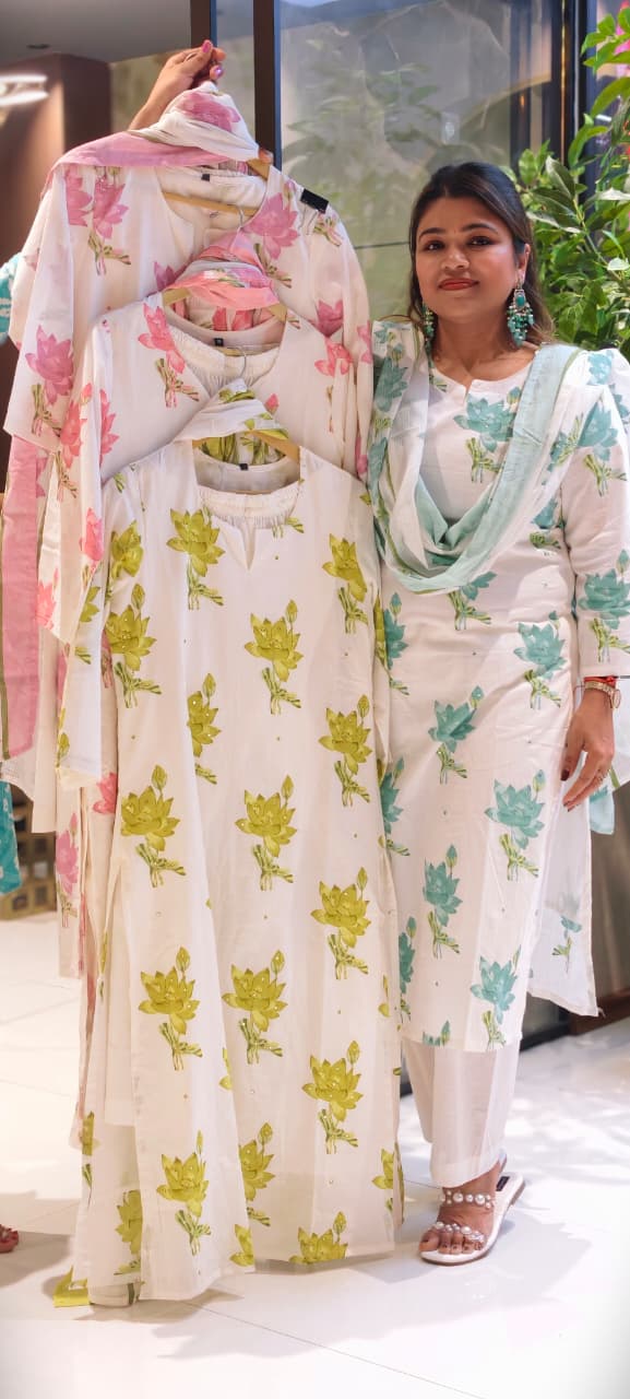 Graceful Lotus Bloom Printed Pastel Cotton Full Suit Set With Kota Doria Dupatta- 14535 RB350