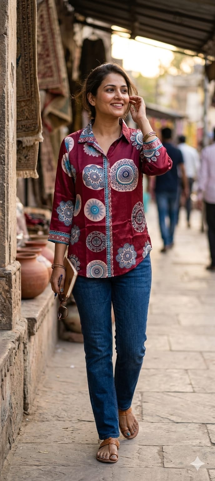 Ethnic Rounded With Zig-Zag Print Lightweight Casual Crepe Shirt- 14563,62 RB373