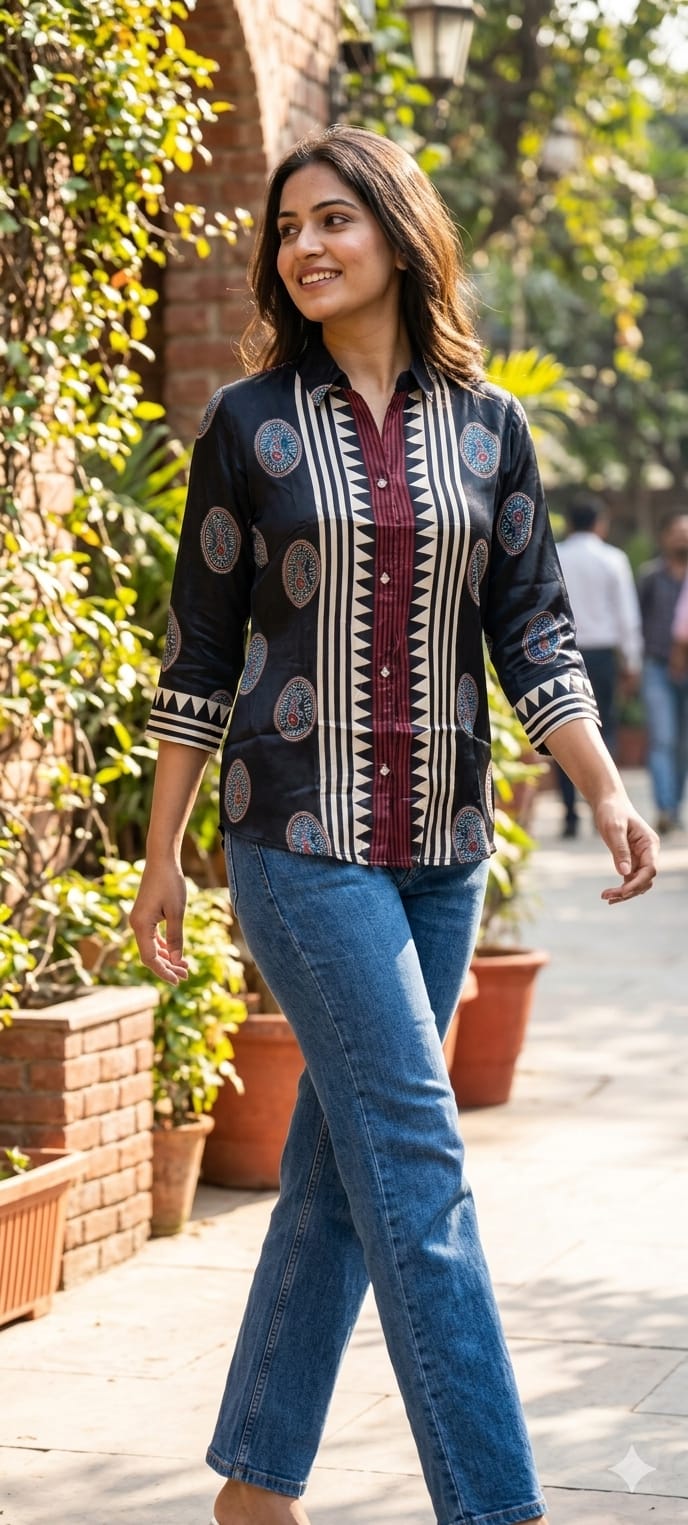 Ethnic Rounded With Zig-Zag Print Lightweight Casual Crepe Shirt- 14563,62 RB373