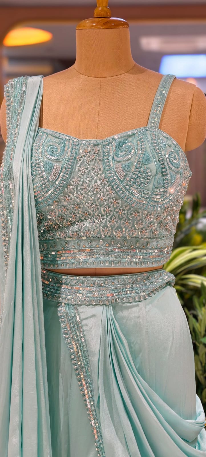 Designer Sky Blue Heavily Embellished Crop Top with Pre-Draped Draped Saree Style Lehenga - 14090