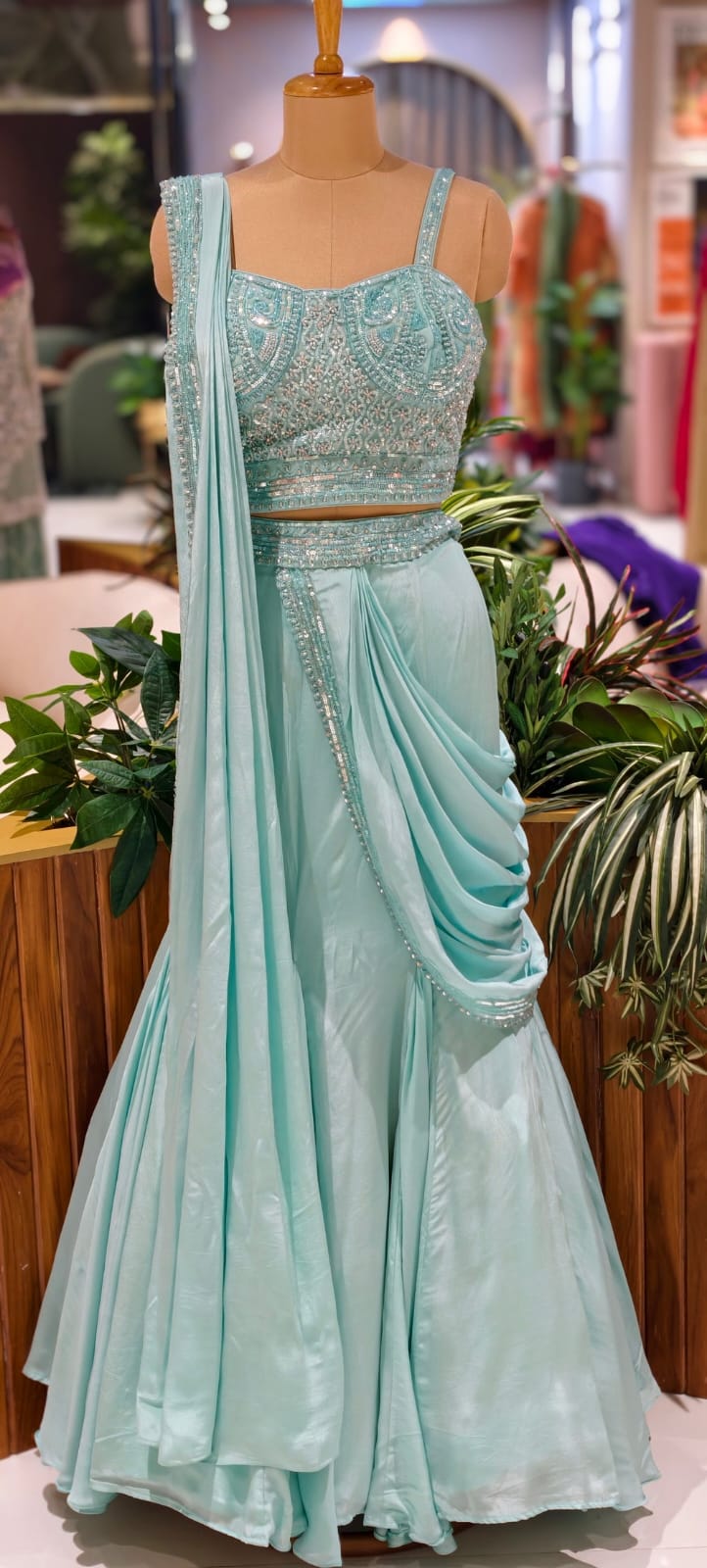 Designer Sky Blue Heavily Embellished Crop Top with Pre-Draped Draped Saree Style Lehenga - 14090