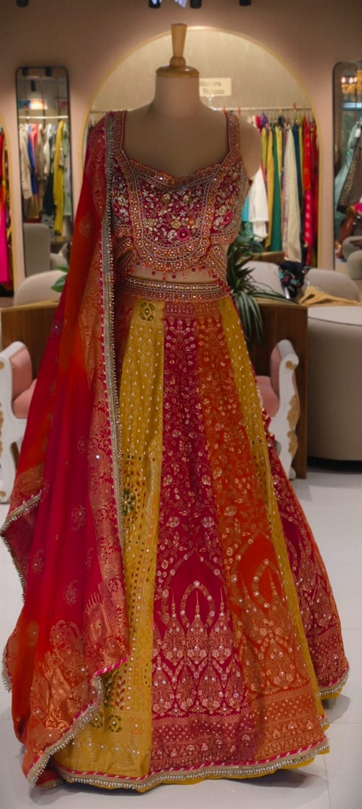 Exquisite Multi-Color Panelled Silk Lehenga Choli with Heavy Mirror Work & Floral Zardosi Embroidery- 14232
