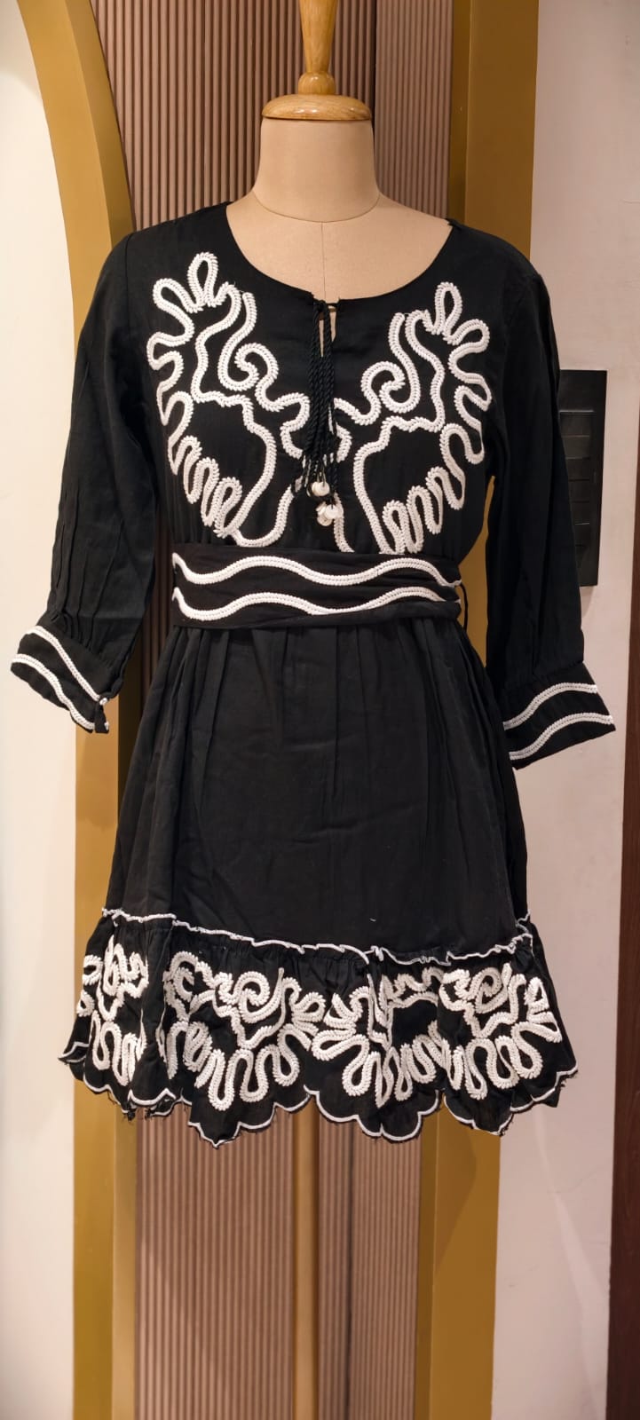 Midnight Onyx Scalloped Flare Frock with Contrast Corded Patchwork and Tasseled V-Neck Ankle Length- 14577 RB393