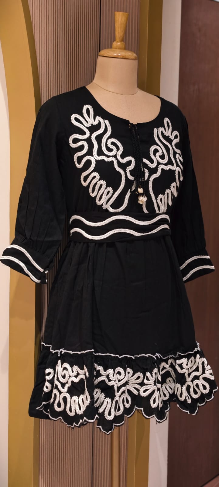 Midnight Onyx Scalloped Flare Frock with Contrast Corded Patchwork and Tasseled V-Neck Ankle Length- 14577 RB393