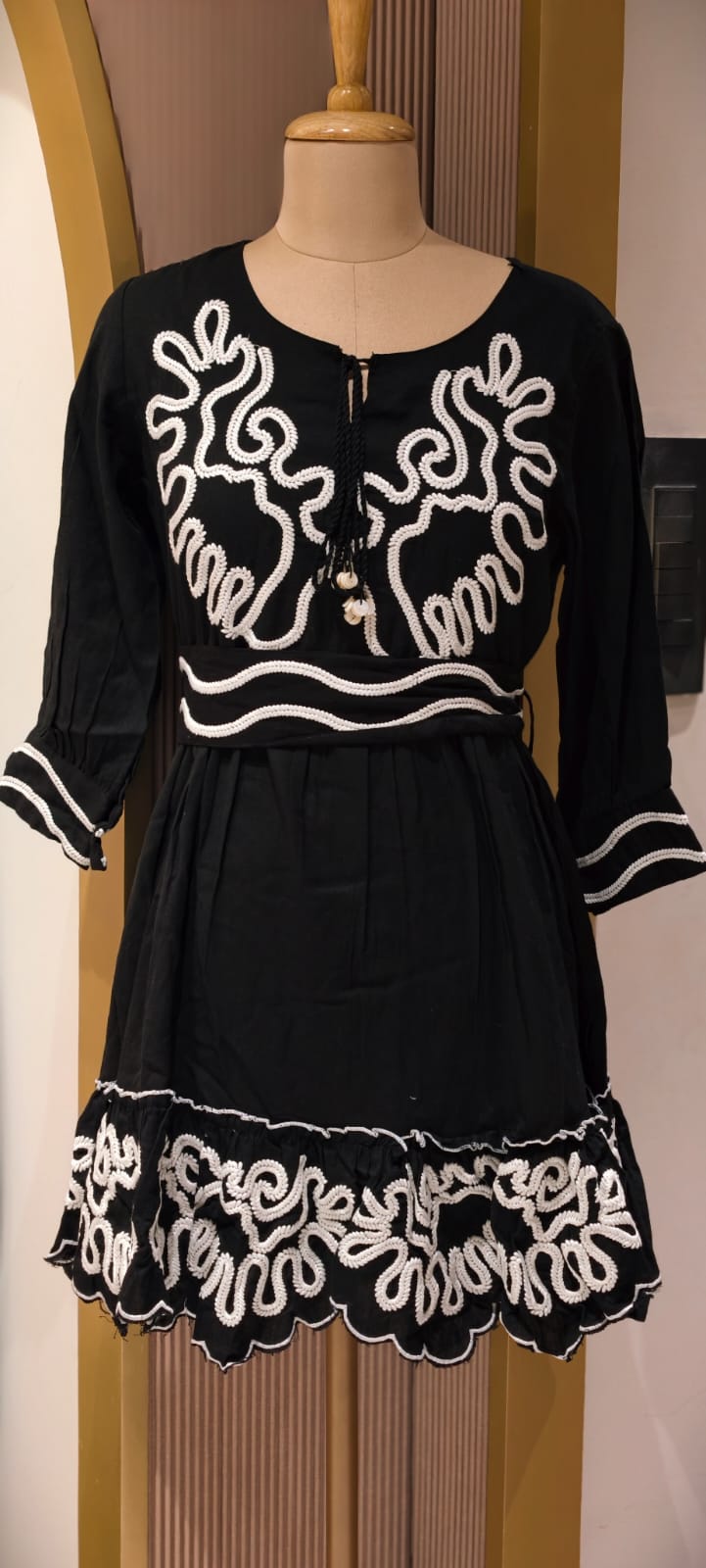 Midnight Onyx Scalloped Flare Frock with Contrast Corded Patchwork and Tasseled V-Neck Ankle Length- 14577 RB393